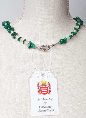 Malachite with Baroque Pearls and Clear Cyrstal Center Bead by Christina Jarmolinski