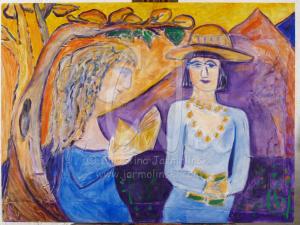 Two friends reading under the tree with dog by Christina Jarmolinski