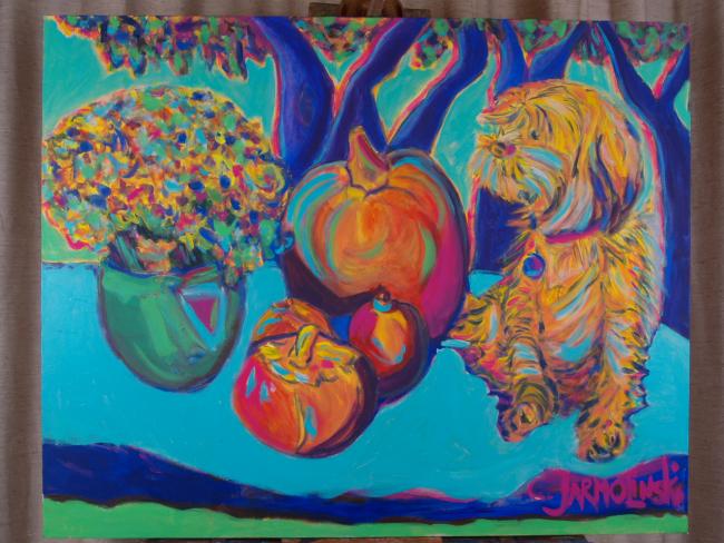 Dog and Pumpkins