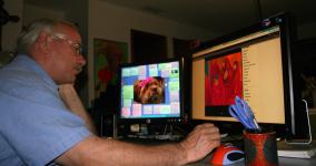 Rob de Koter viewing his design of my website in my studio